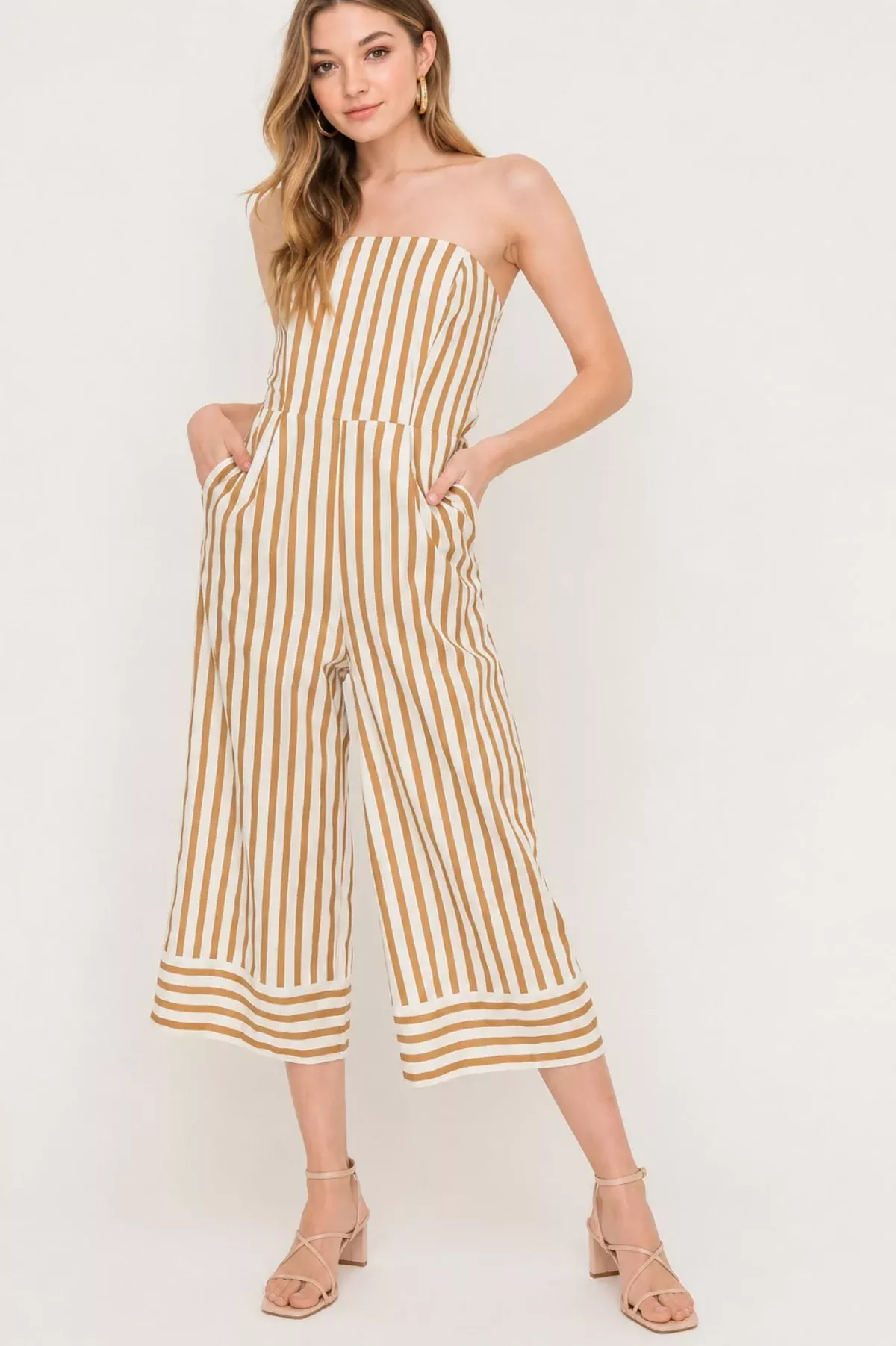 Molly Tan Striped Strapless Midi Jumpsuit | Boho Pink