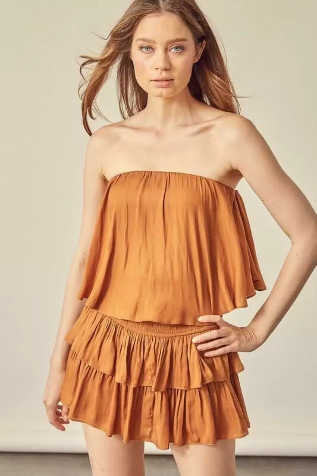 Monaco Caramel Strapless Ruffle Romper | Boho Pink