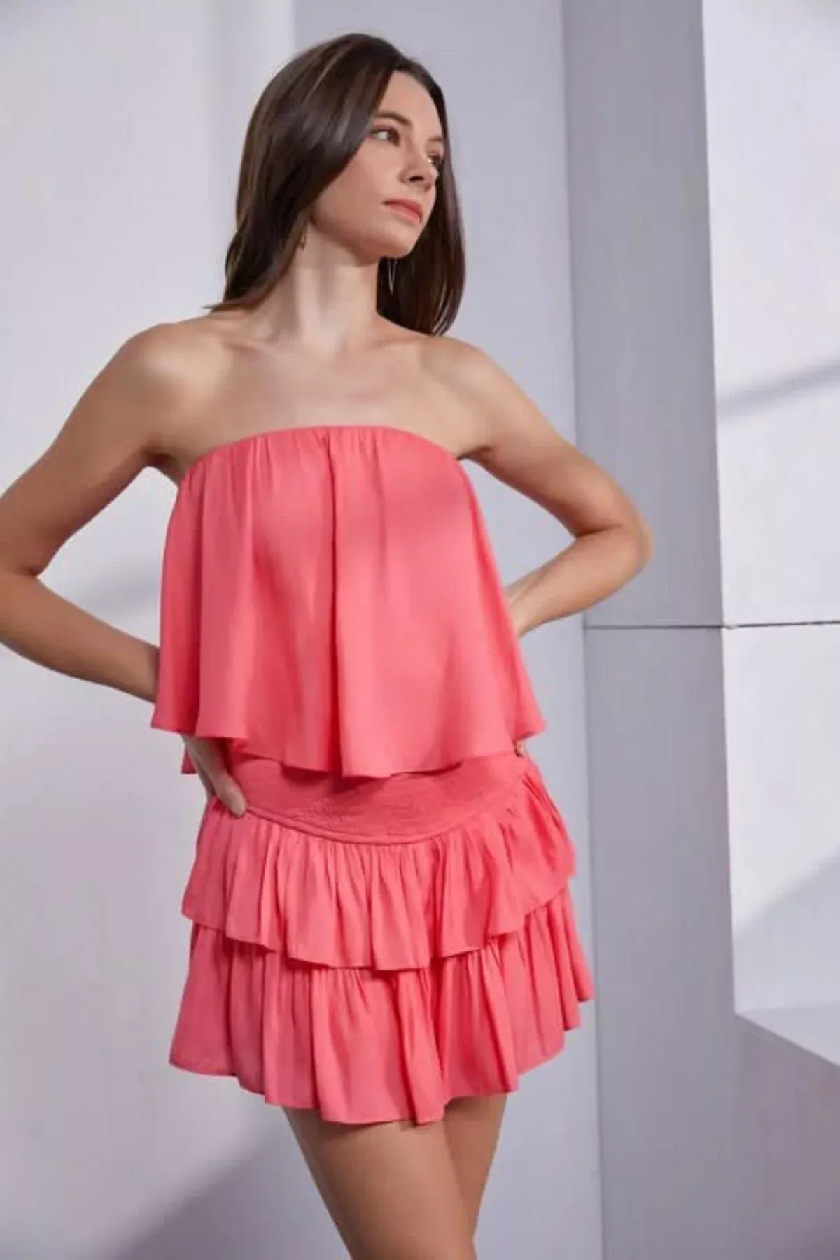Monaco Coral Strapless Ruffle Romper | Boho Pink