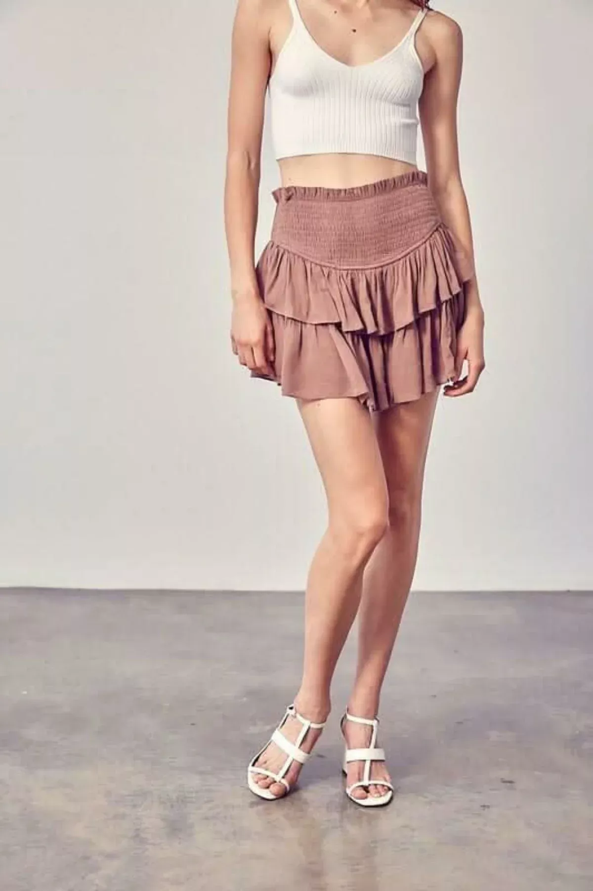 Monaco Dark Beige Ruffled Skort | Boho Pink