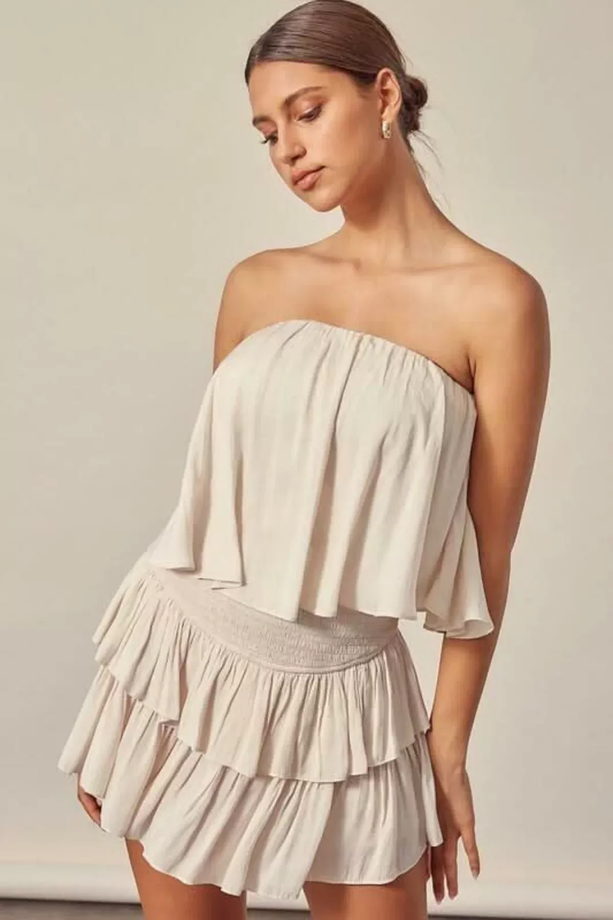 Monaco Ivory Strapless Ruffle Romper | Boho Pink