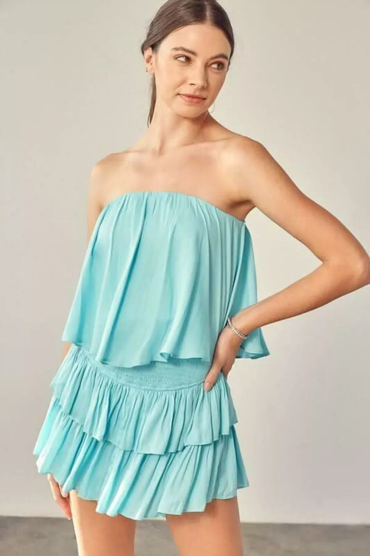 Monaco Milky Blue Strapless Ruffle Romper | Boho Pink