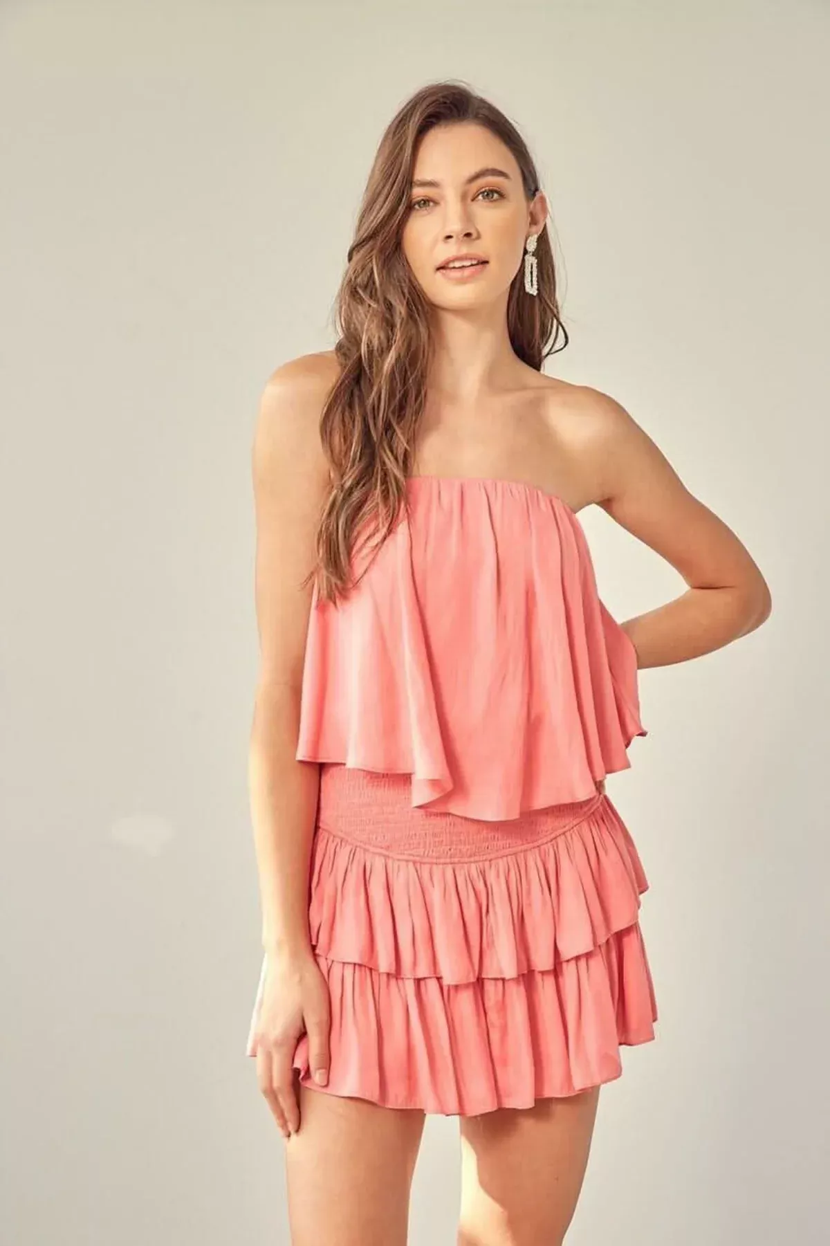 Monaco Milky Pink Strapless Ruffle Romper | Boho Pink