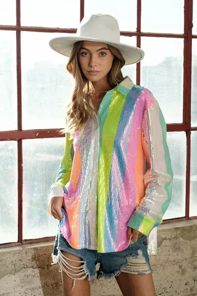 Multi Strip Rainbow Sequin Blouse
