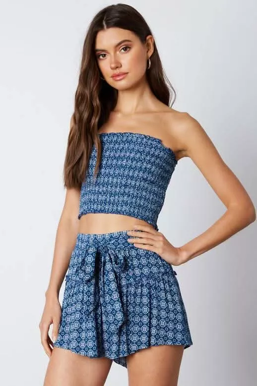 Mykonos Blue Print Cropped Two-Piece Skort Set | Boho Pink