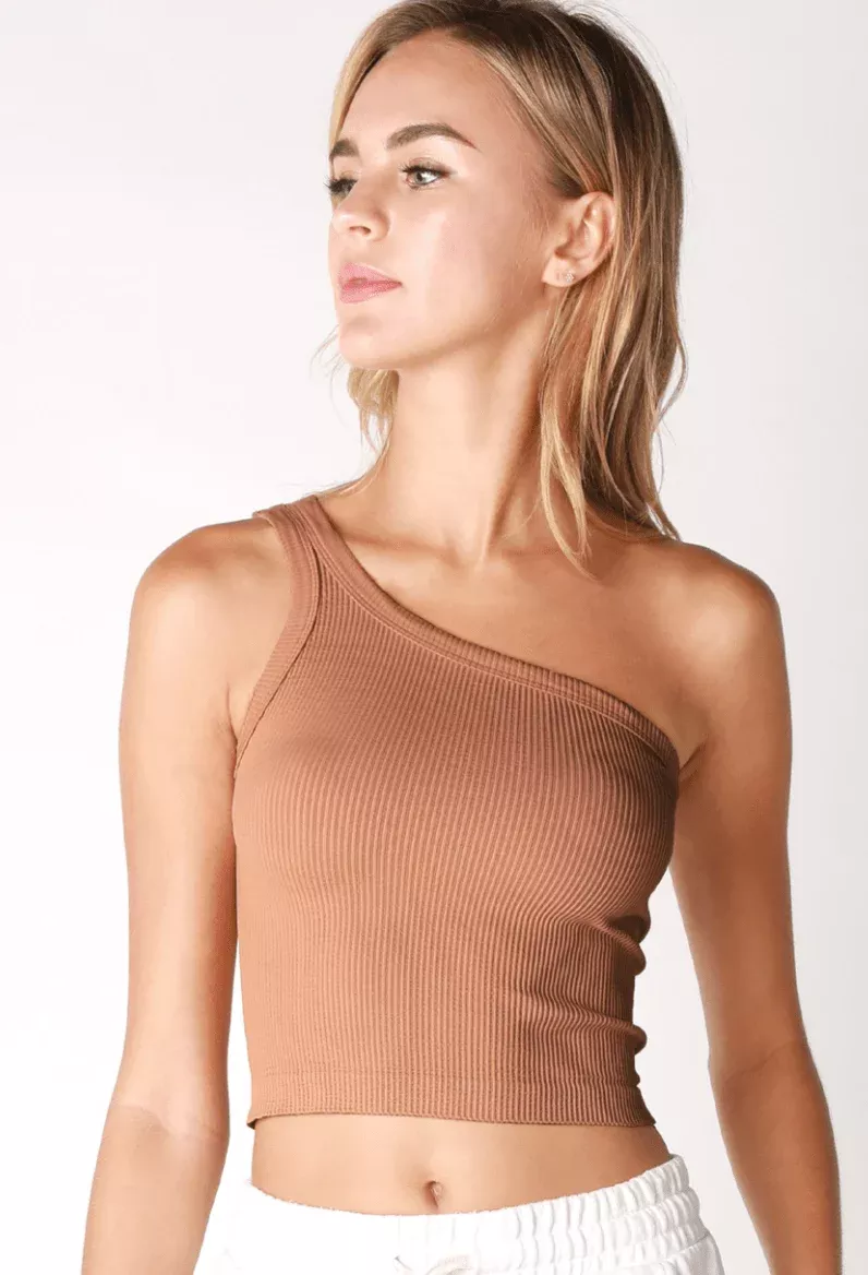 NIKIBIKI Cognac Cropped One Shoulder Ribbed Tank | Boho Pink