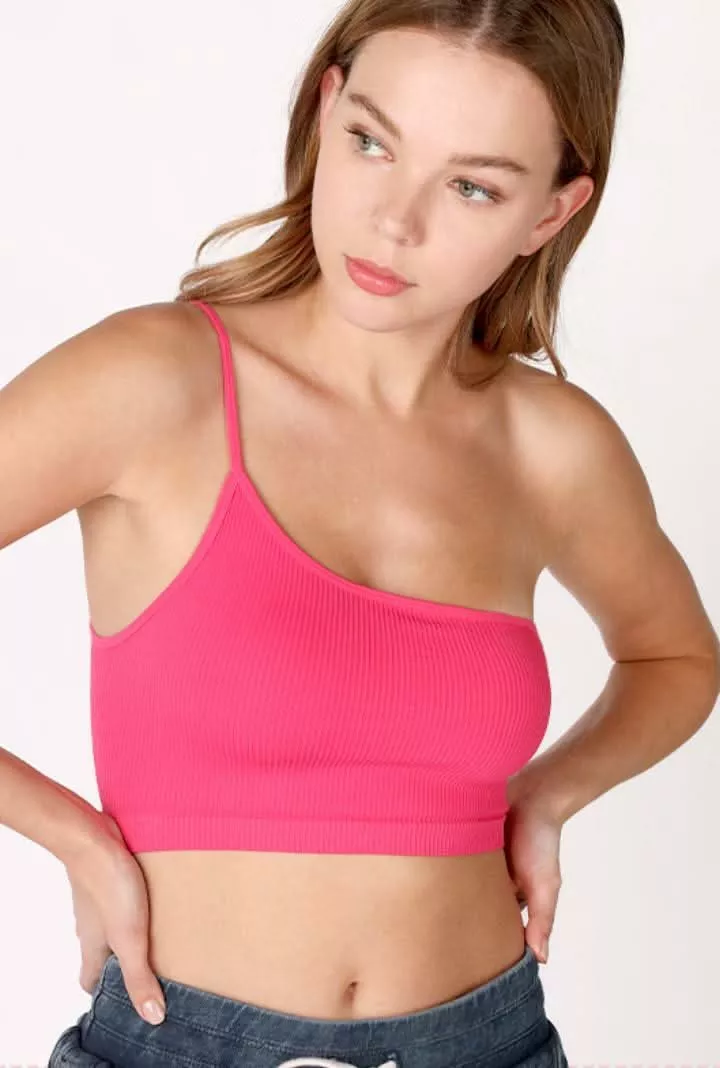 NIKIBIKI Hot Pink Ribbed One-Shoulder Bralette | Boho Pink