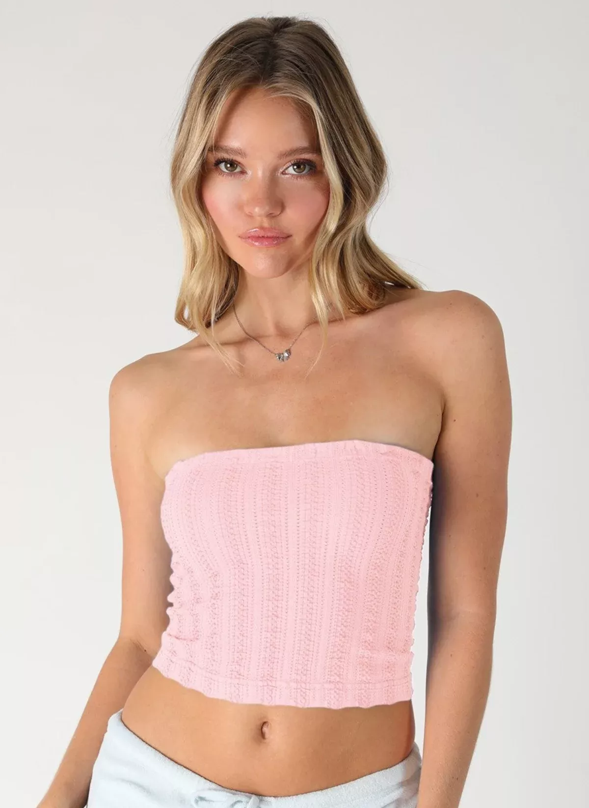 NIKIBIKI Light Pink Textured Tube Top | Boho Pink