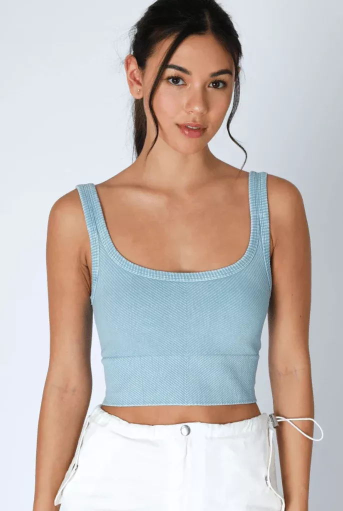 NIKIBIKI Vintage Cloud Blue Cropped Chevron Tank | Boho Pink