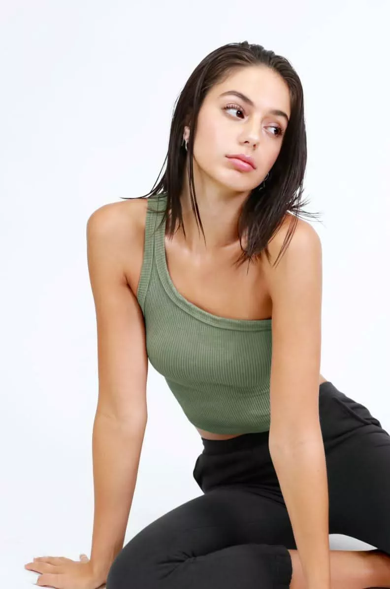 NIKIBIKI Vintage Sage Cropped One Shoulder Ribbed Tank | Boho Pink