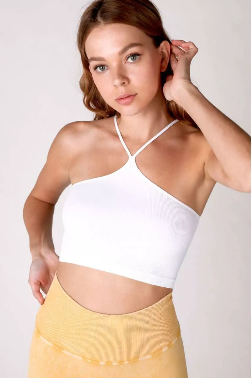 NIKIBIKI White Ribbed Halter Bralette | Boho Pink