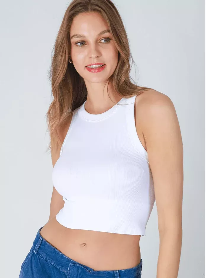 NIKIBIKI White Ribbed High Neck Tank Top | Boho Pink