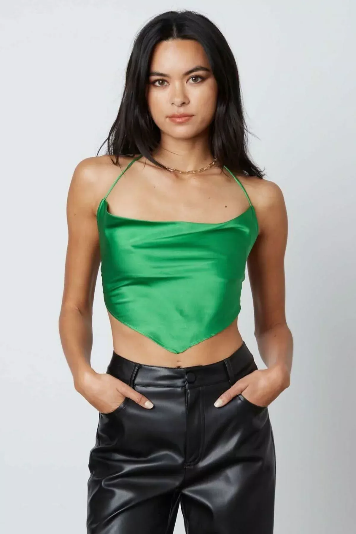 Not So Basic Kelly Green Satin Cowl Neck Halter Crop Top | Boho Pink