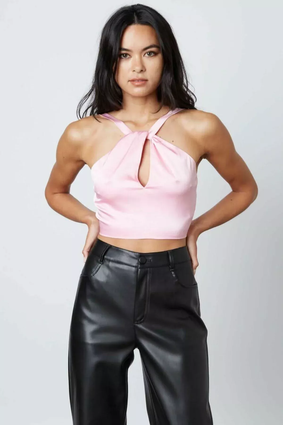 Not So Basic Pink Satin Keyhole Cropped Halter Top | Boho Pink