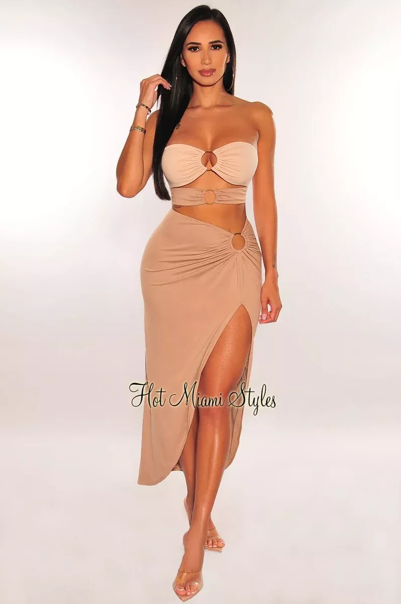 Nude Two Toned Strapless O Ring Cut Out Slit Skirt Two Piece Set