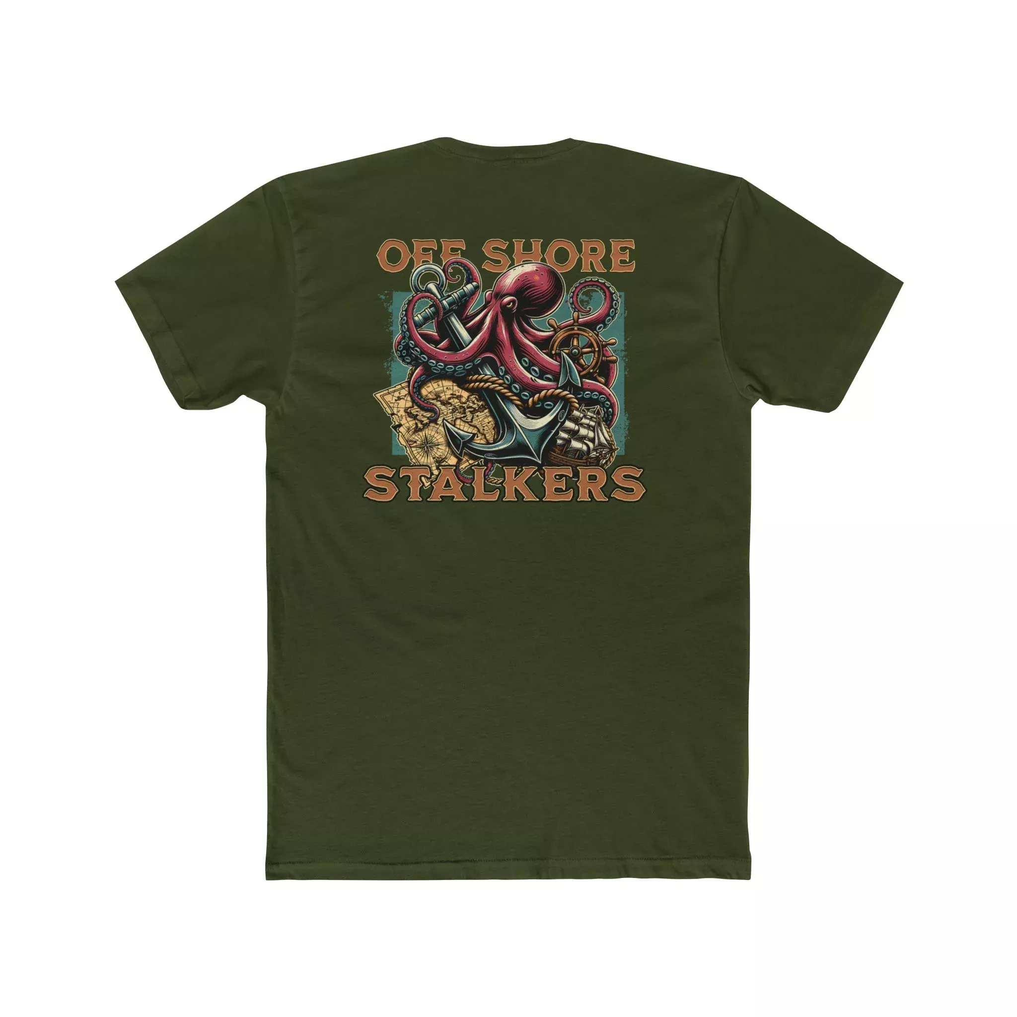 Off Shore Stalkers - Men's Military Green Octopus & Anchor T-Shirt