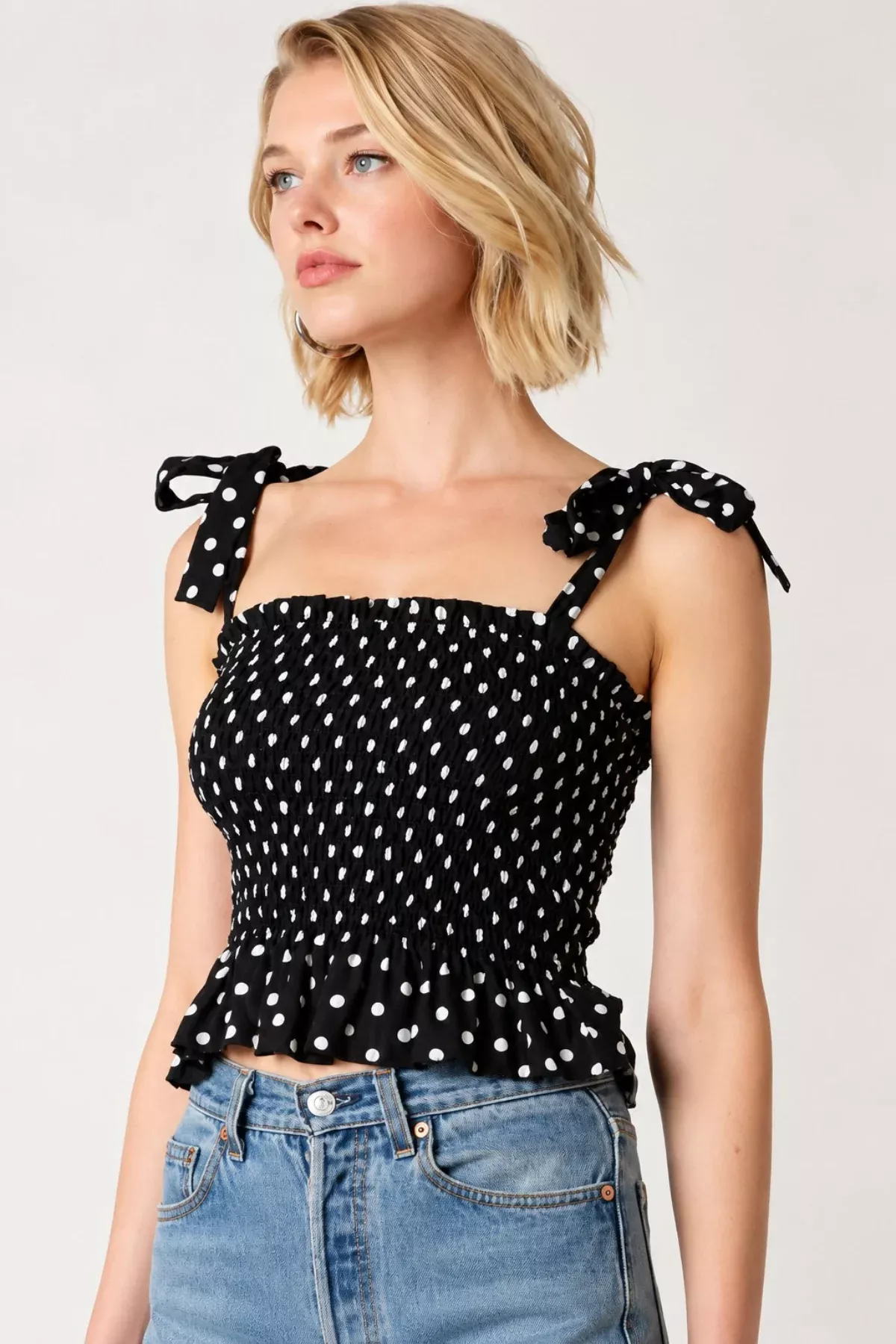 Olivia Black Polka Dot Smocked Top | Boho Pink