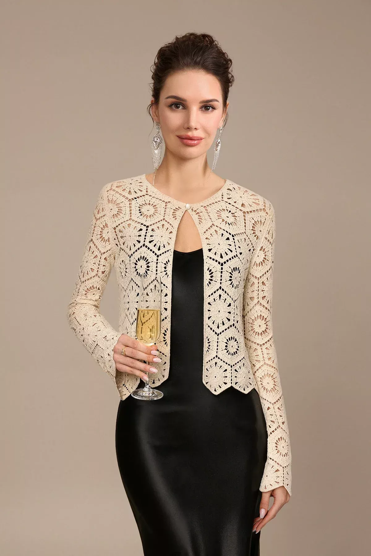 One-Button Golden Thread Crochet Cardigan