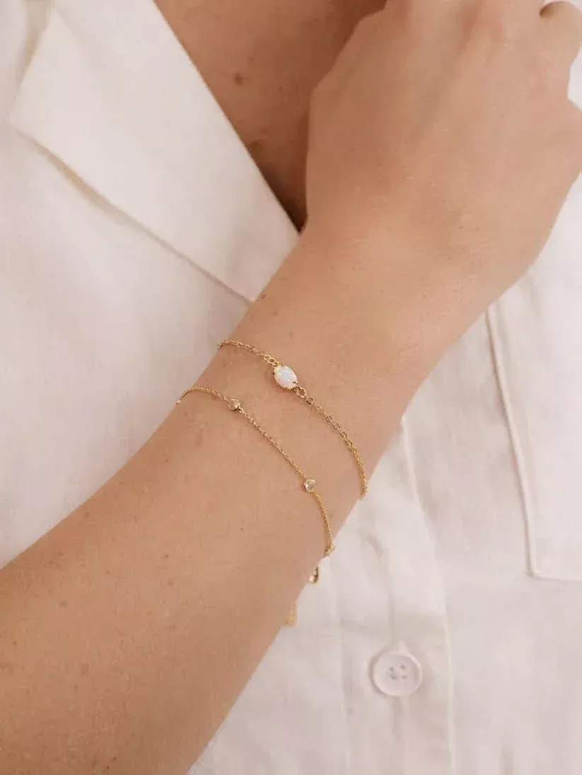 Opal and Crystal Dainty Gold Chain Bracelet Set | Boho Pink