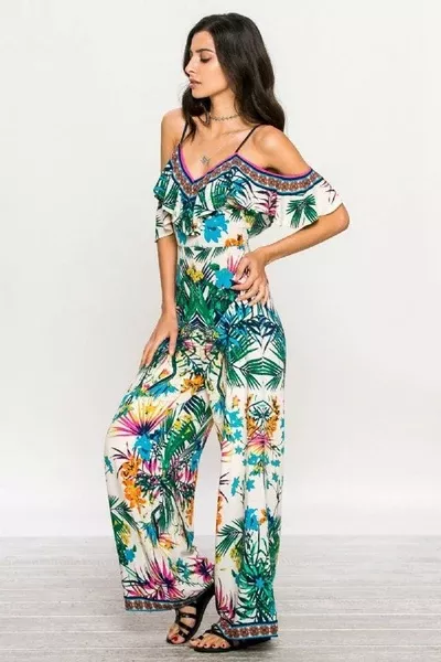 Open Shoulder Tropical Flare Jumpsuit