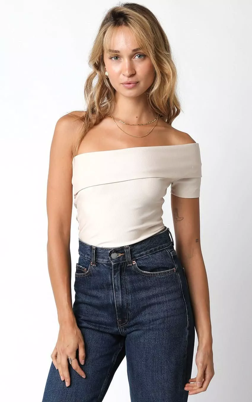 Paris Cream Off Shoulder Asymmetric Bodysuit | Boho Pink