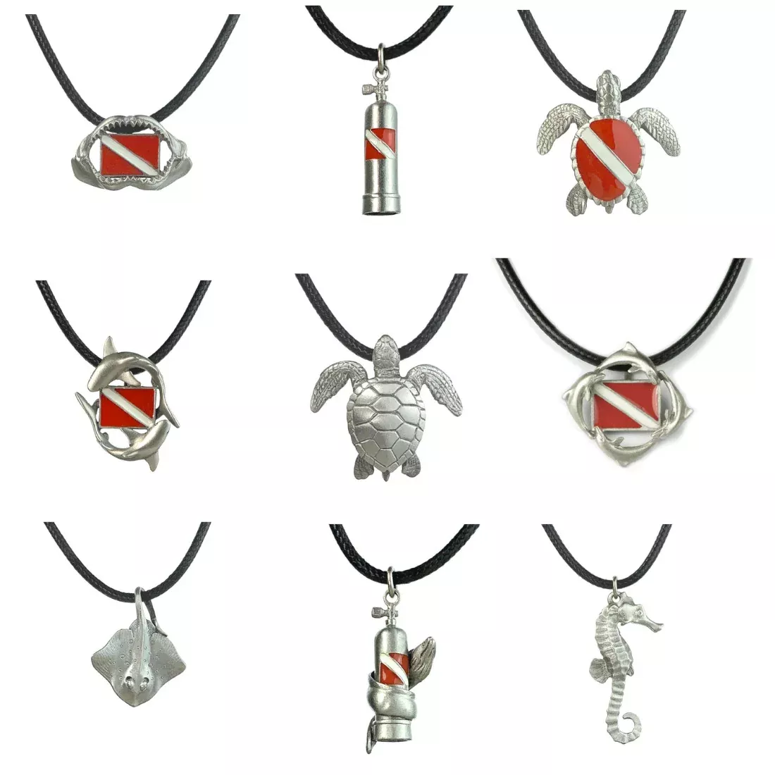 Pewter Ocean Theme Scuba Dive Hand Crafted Pendants on 18in Braided cord