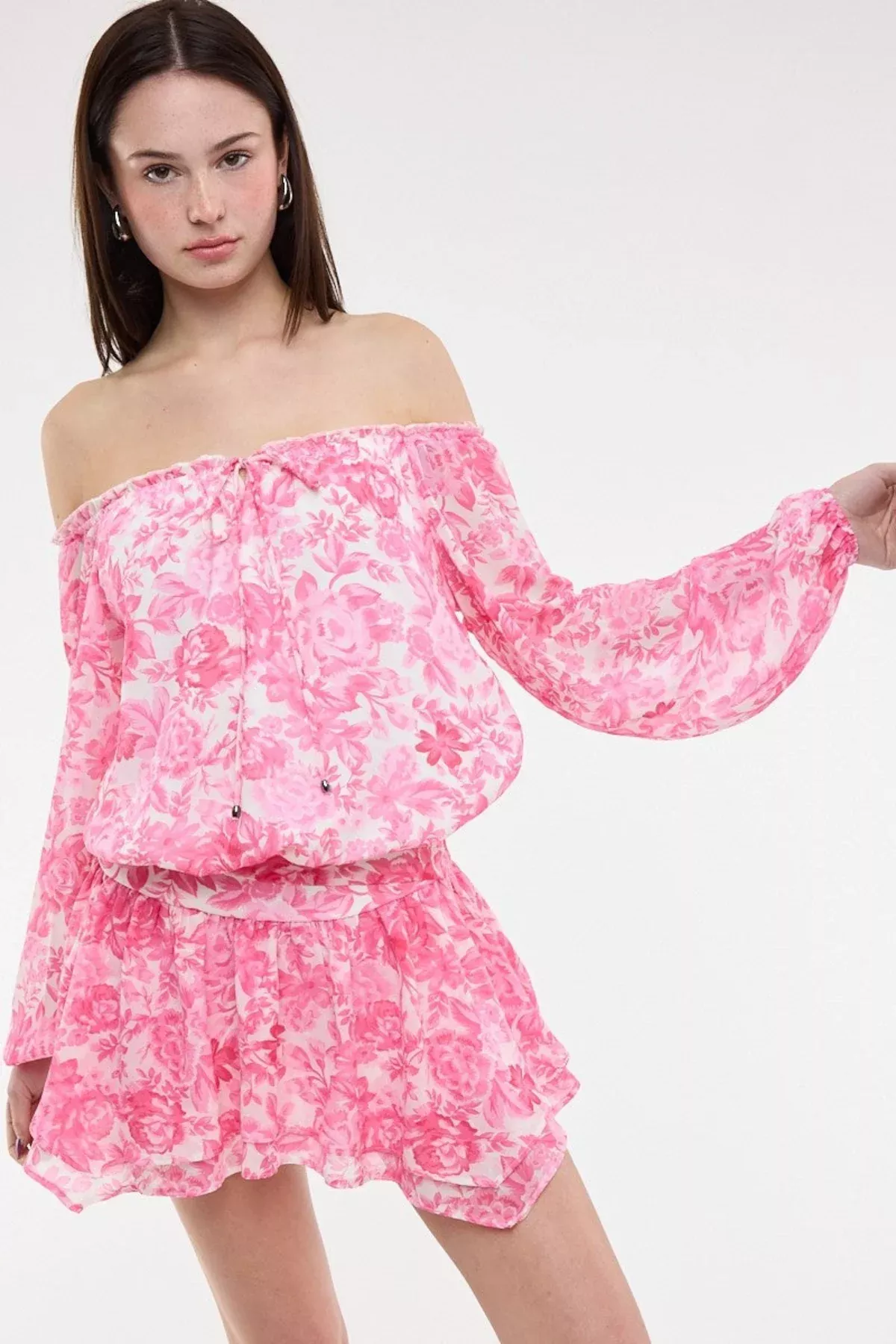 Pixie Pink Floral Off The Shoulder Romper Dress | Boho Pink