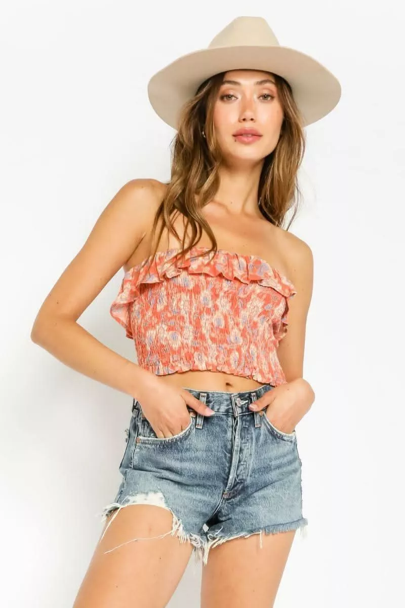 A Place In The Sun Orange Floral Ruffled Strapless Crop Top | Boho Pink