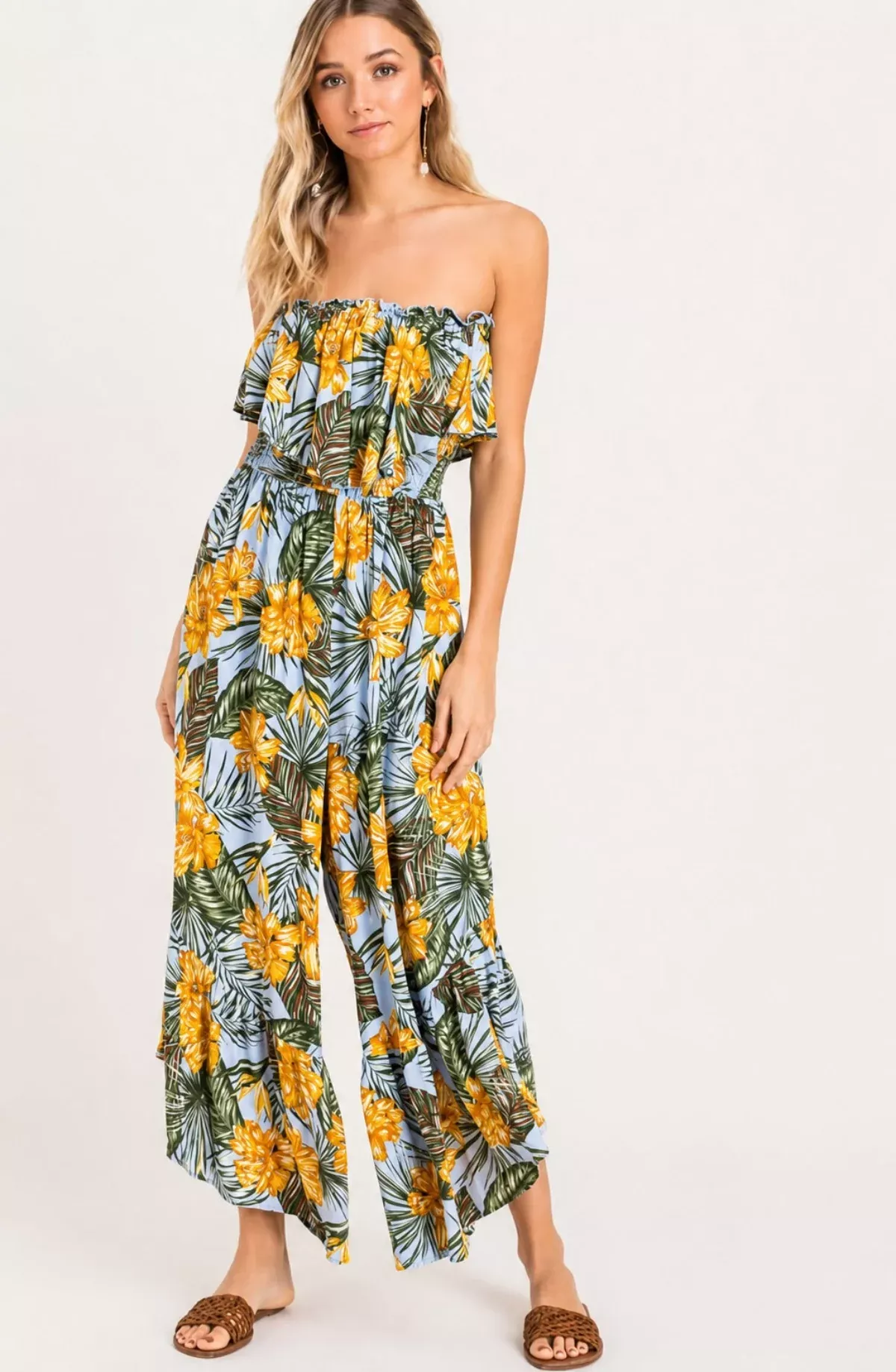 Plum Island Mustard Palm Print Strapless Culotte Jumpsuit | Boho Pink