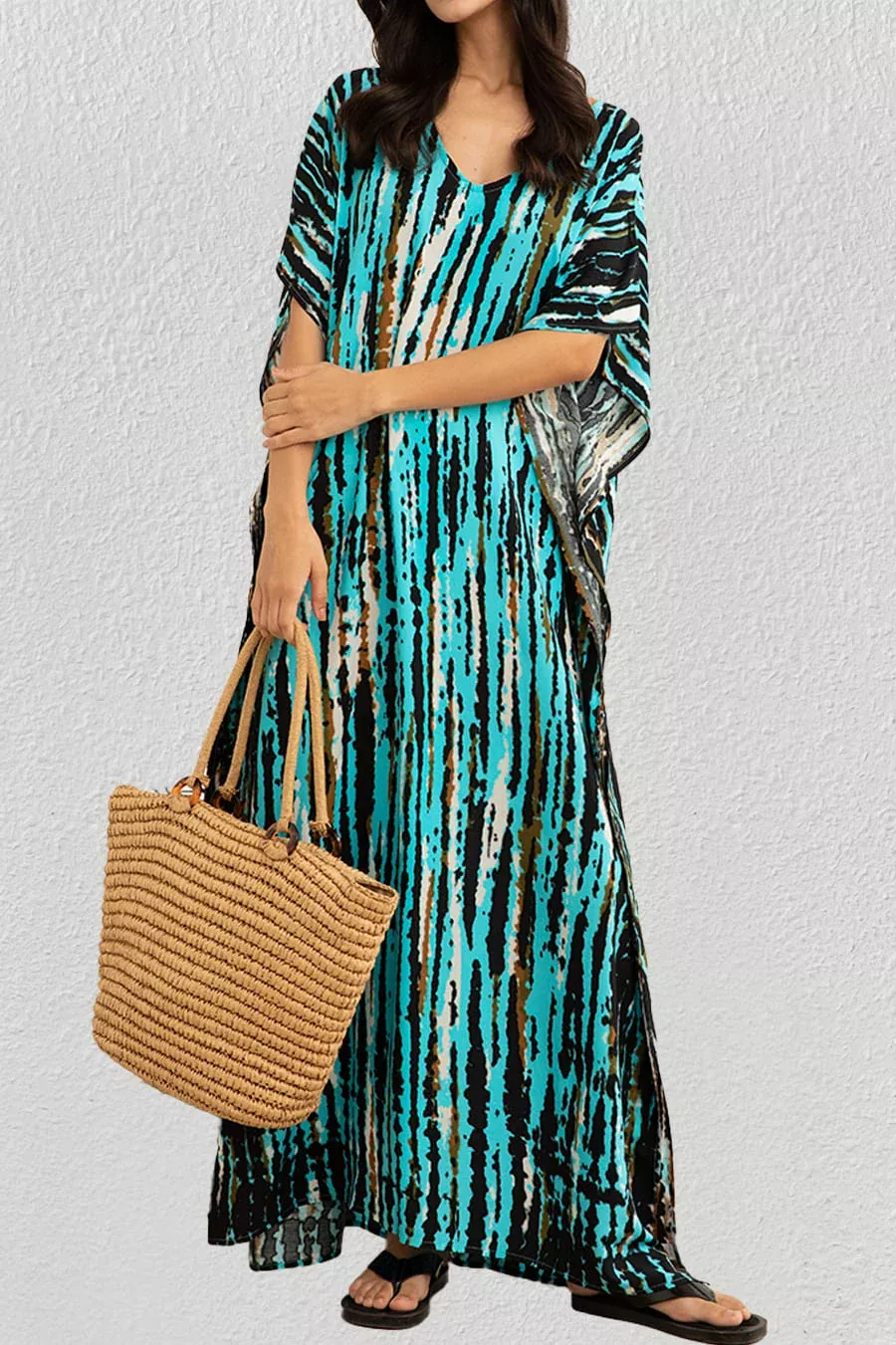 Plus Size Print Blue Kaftan Dress