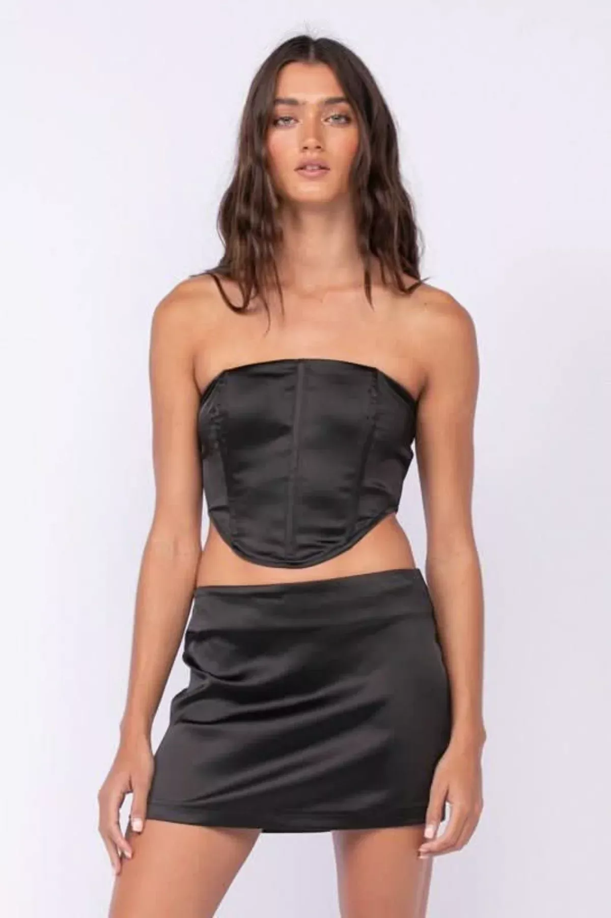 Portia Black Satin Corset Mini Dress Set | Boho Pink