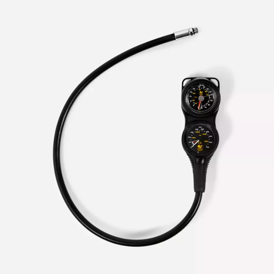 Poseidon Double Console Cirrus Black BAR/PSI Pressure & Depth Combo Gauge (300BAR/4350PSI)