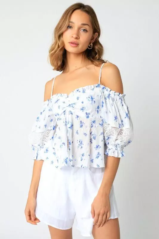 Positano White and Blue Floral Babydoll Top | Boho Pink