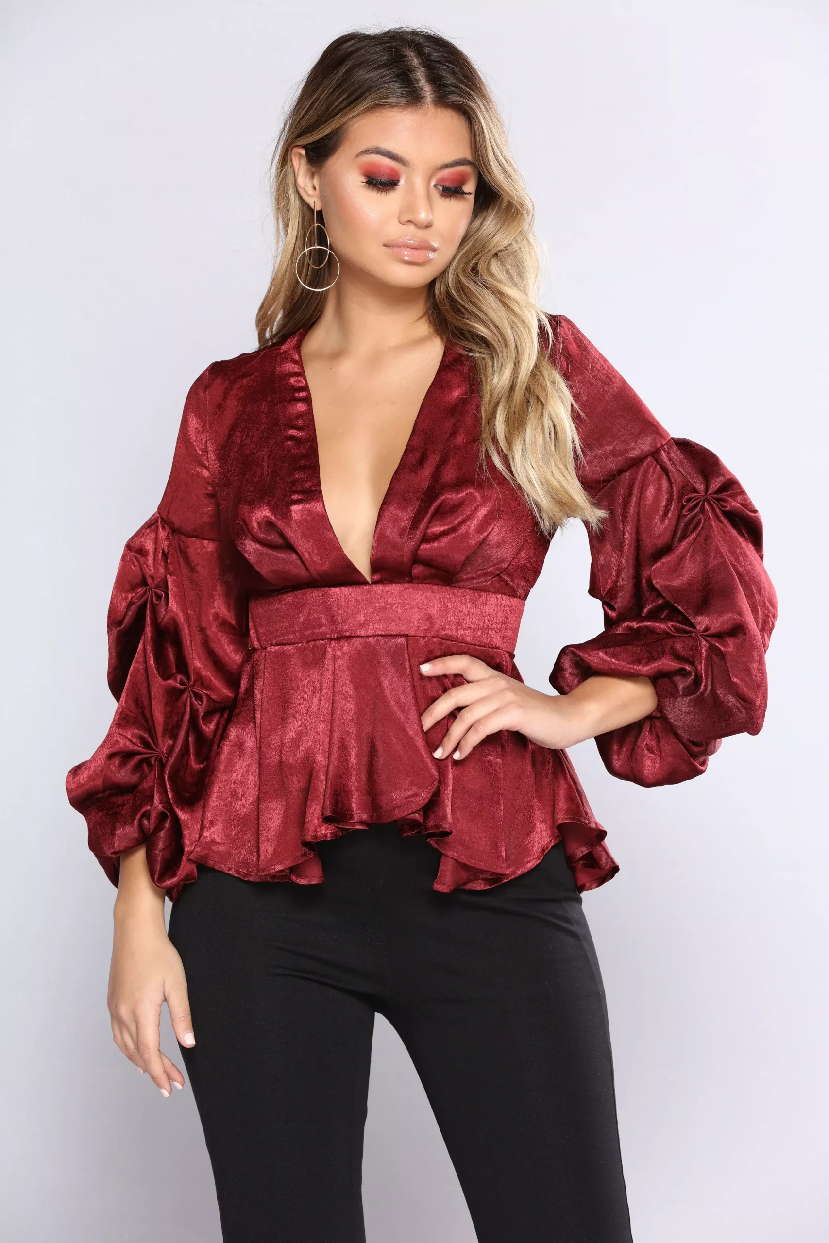 Pucker My Sleeve Top - Burgundy