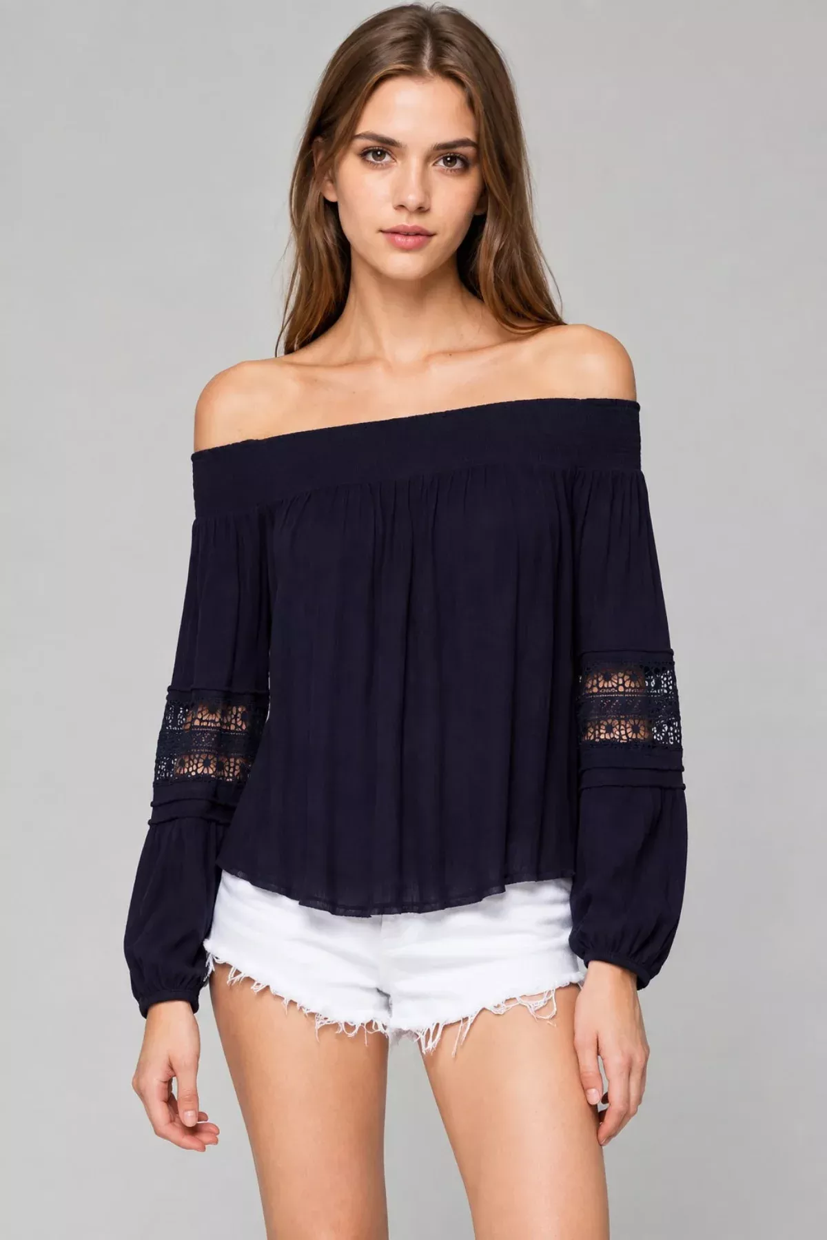 Rachel Navy Blue Off-The-Shoulder Top | Boho Pink