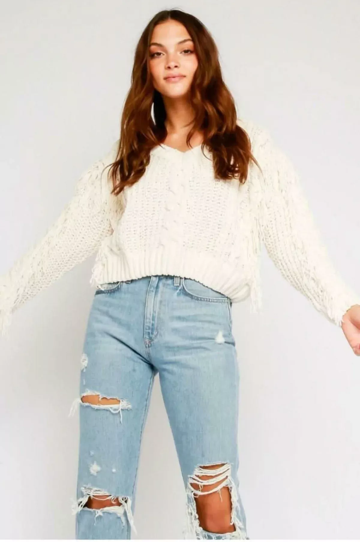 Ranger Fringe Ivory Cable Sweater | Boho Pink