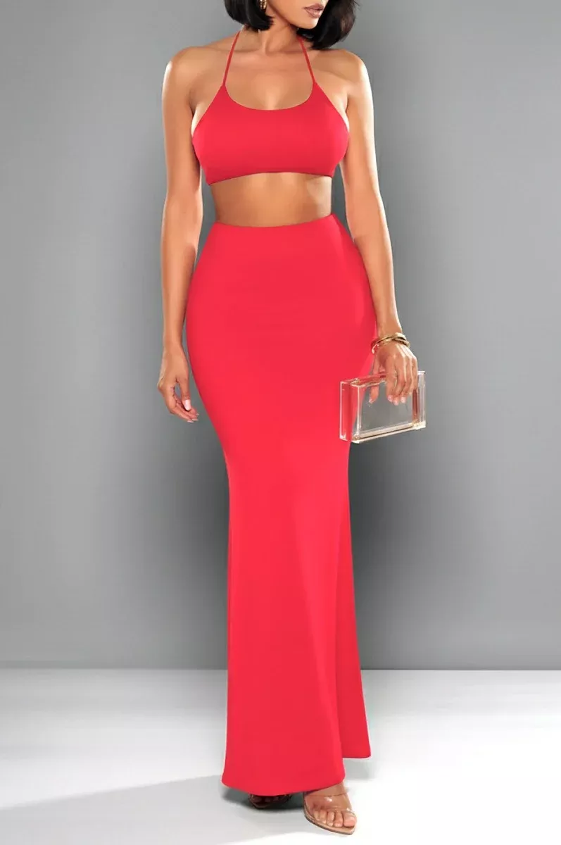 Red Halter Cut Out Mermaid Maxi Dress
