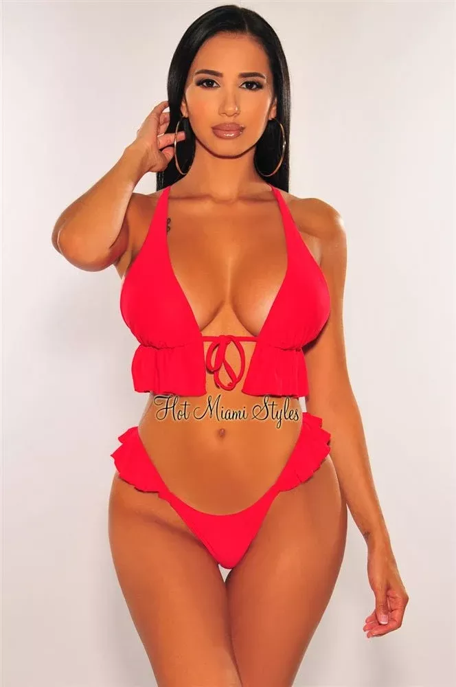 Red Padded Tie Up Ruffle Scrunch Butt Bikini