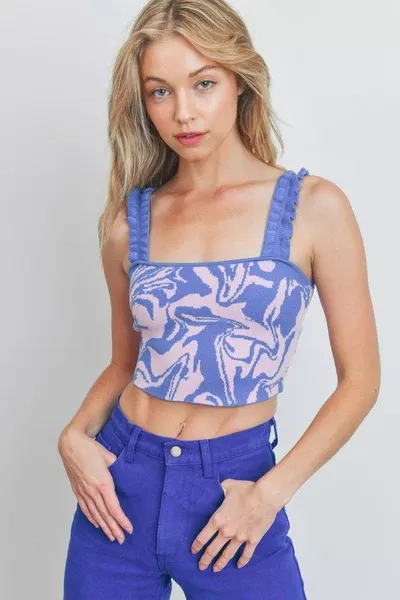 Retro Design Pleated and Ruffled Strap Crop Top