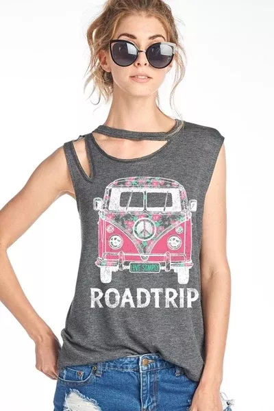 "Roadtrip" Ripped Sleeveless Graphic Tank