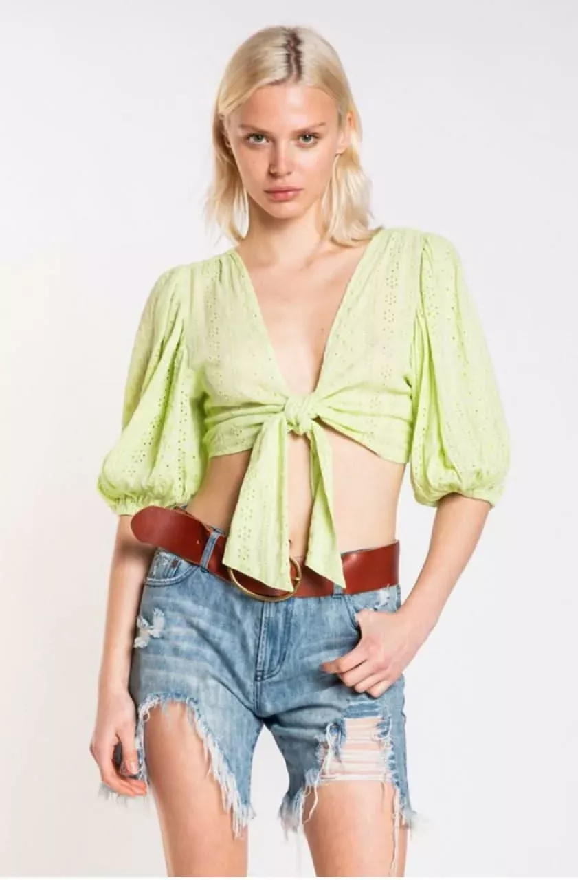 Robin Lime Eyelet Tie-Front Crop Top | Boho Pink