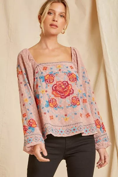 Rose embroidered Mauve Midi Blouse