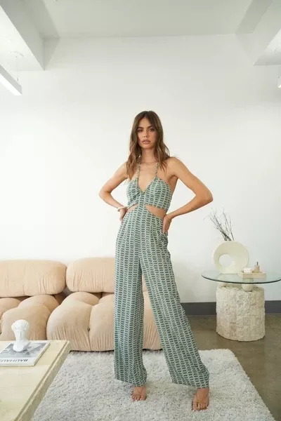 Sage Halter Neck Cut-Out Jumpsuit.