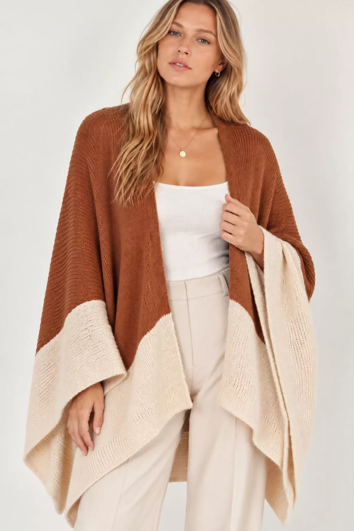 San Mateo Mocha Colorblock Poncho Cardigan | Boho Pink