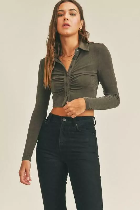 Sandra Olive Long Sleeve Button-Down Crop Top | Boho Pink
