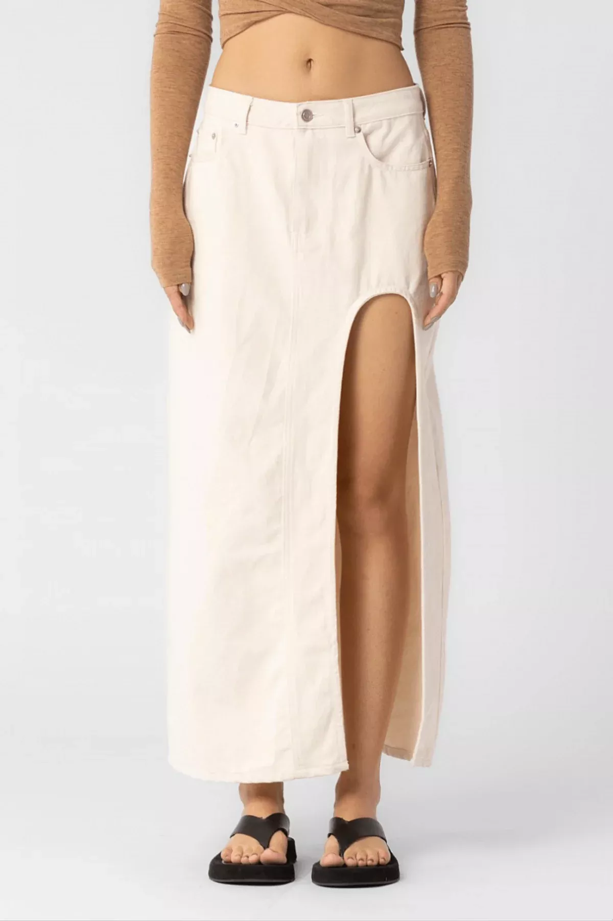 Santa Monica Ecru Denim Slit Maxi Skirt | Boho Pink