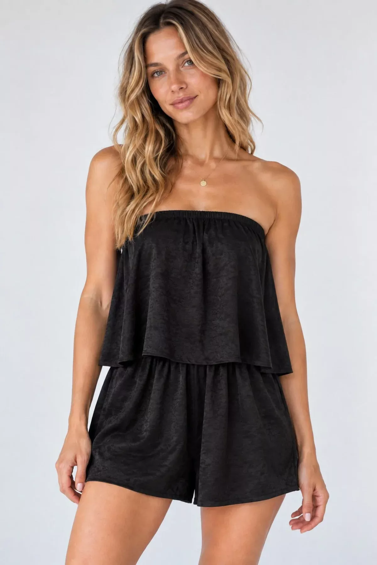Selina Black Satin Strapless Romper | Boho Pink