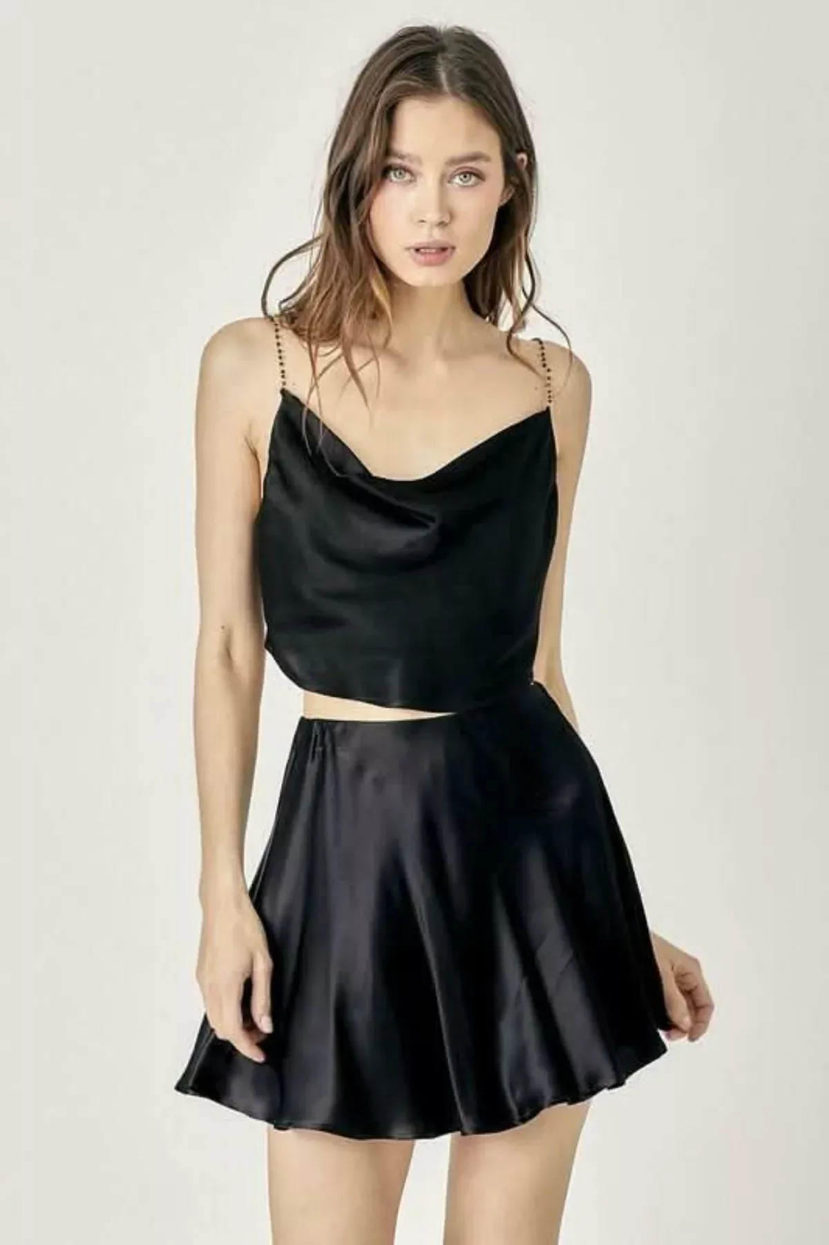 Selma Black Satin Two-Piece Mini Dress | Boho Pink