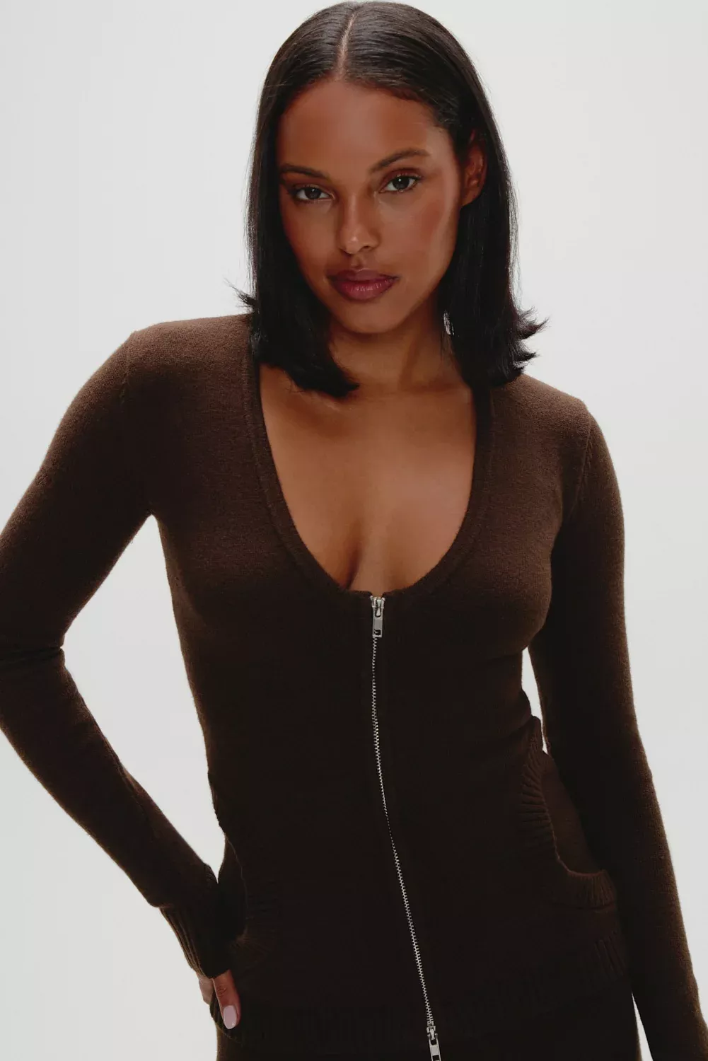 Sienna Zip Up Knit Sweater - Chocolate Brown