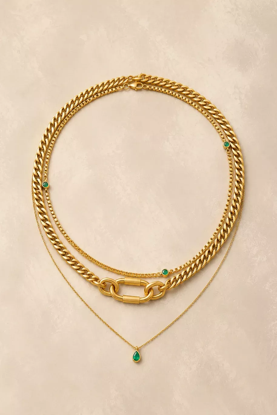 Sleek Carabiner Emerald Layered Necklace Set